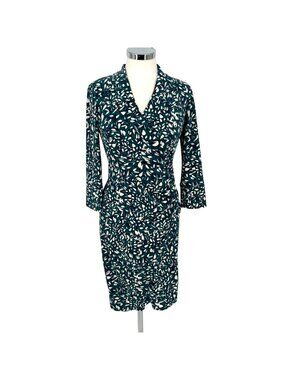 Eliza J Leaf Print Jersey Wrap Dress Teal Blue White Size 2